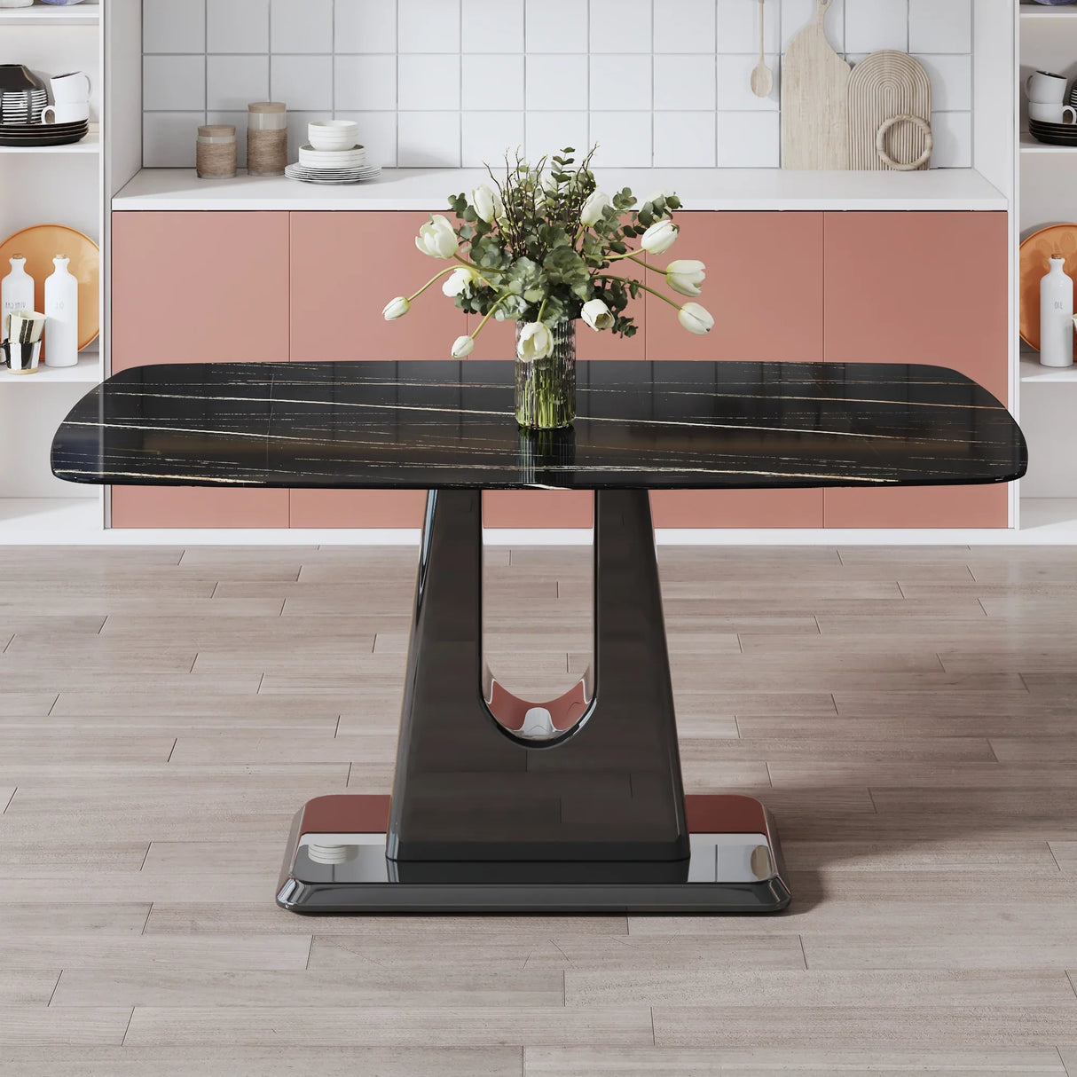 Dining Table With Imitation Marble Top, Modern Black - Furniture Home Direct