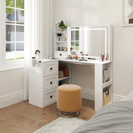 Vanity Desk With Lights And Built In Mirror In White - Furniture Home Direct