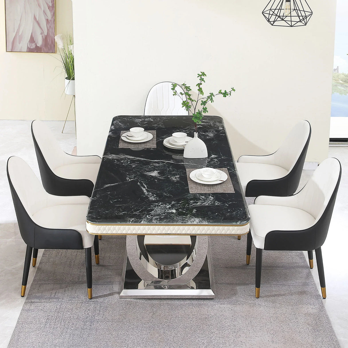 Luxury Modern Dining Table With 6 Chairs Marble Top Titanium Plated Base - Black - Furniture Home Direct