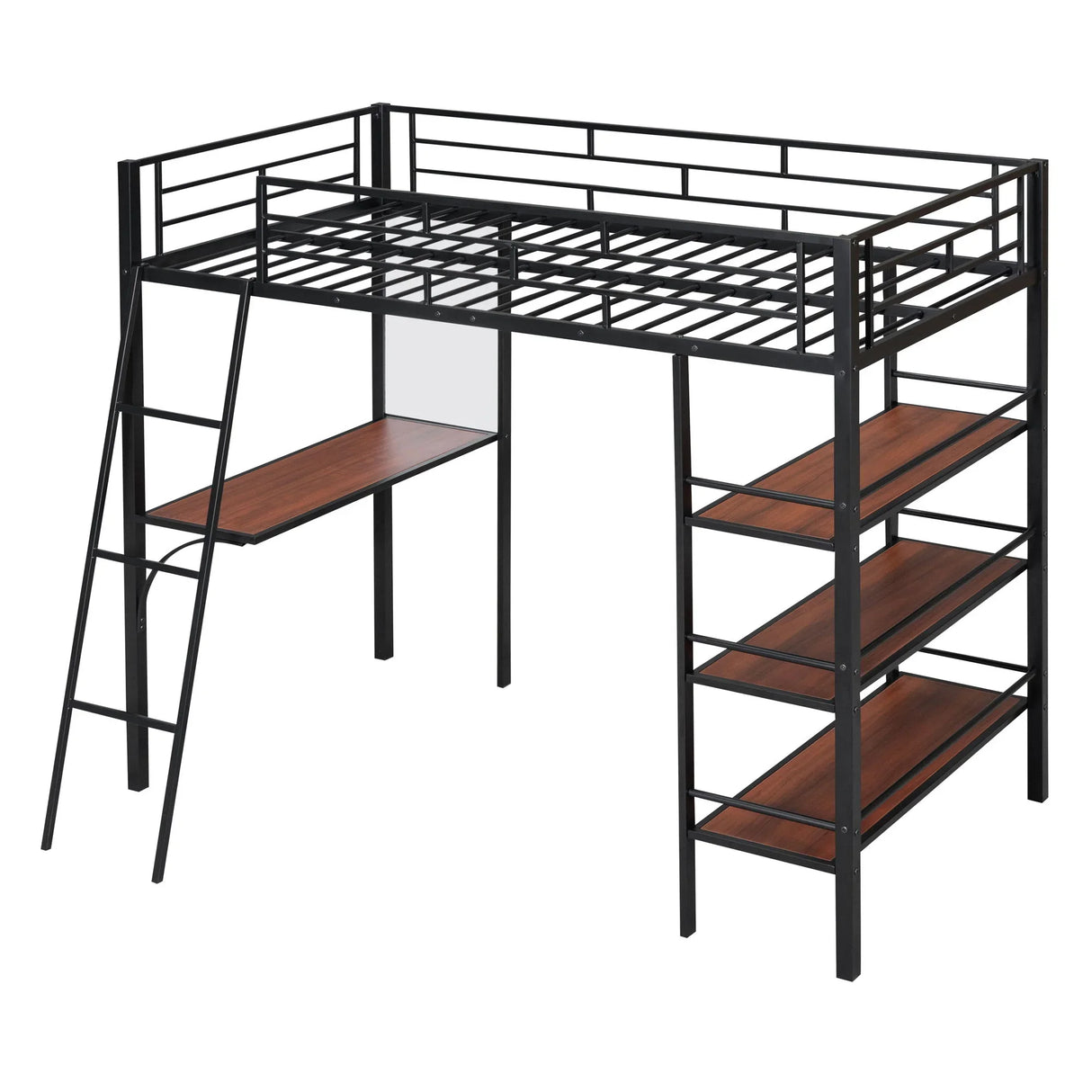 Loft Metal Bed With 3 Layers Of Shelves And Desk, Stylish Metal Frame Bed With Whiteboard - Furniture Home Direct
