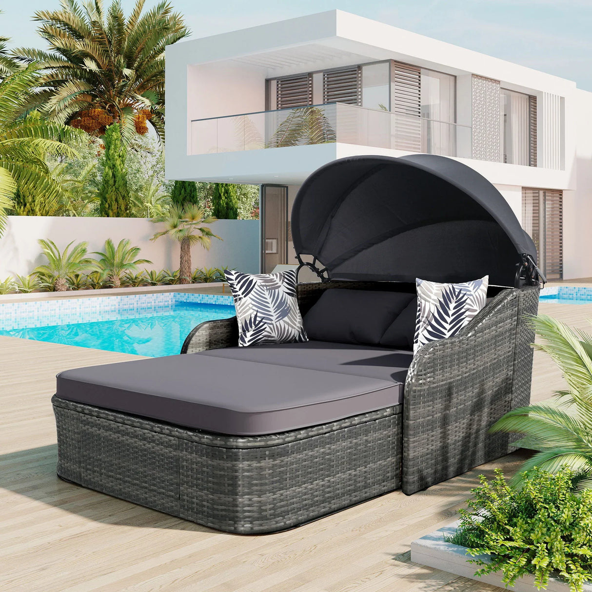 Outdoor Sunbed With Adjustable Canopy, Daybed With Pillows, Double Lounge, PE Rattan Daybed - Furniture Home Direct