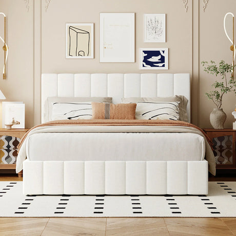 Storage Bed With Hydraulic Lift Platform, Upholstered White - Furniture Home Direct