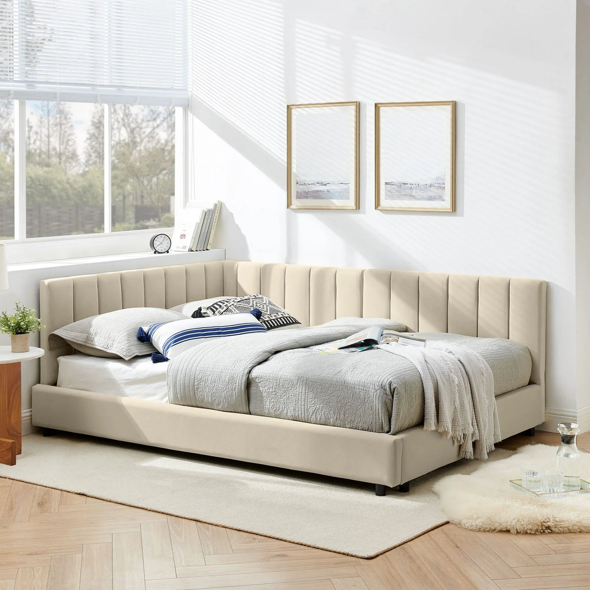 Mid-Century Upholstered Tufted Bed Frame With Backrest And Armrests - Furniture Home Direct