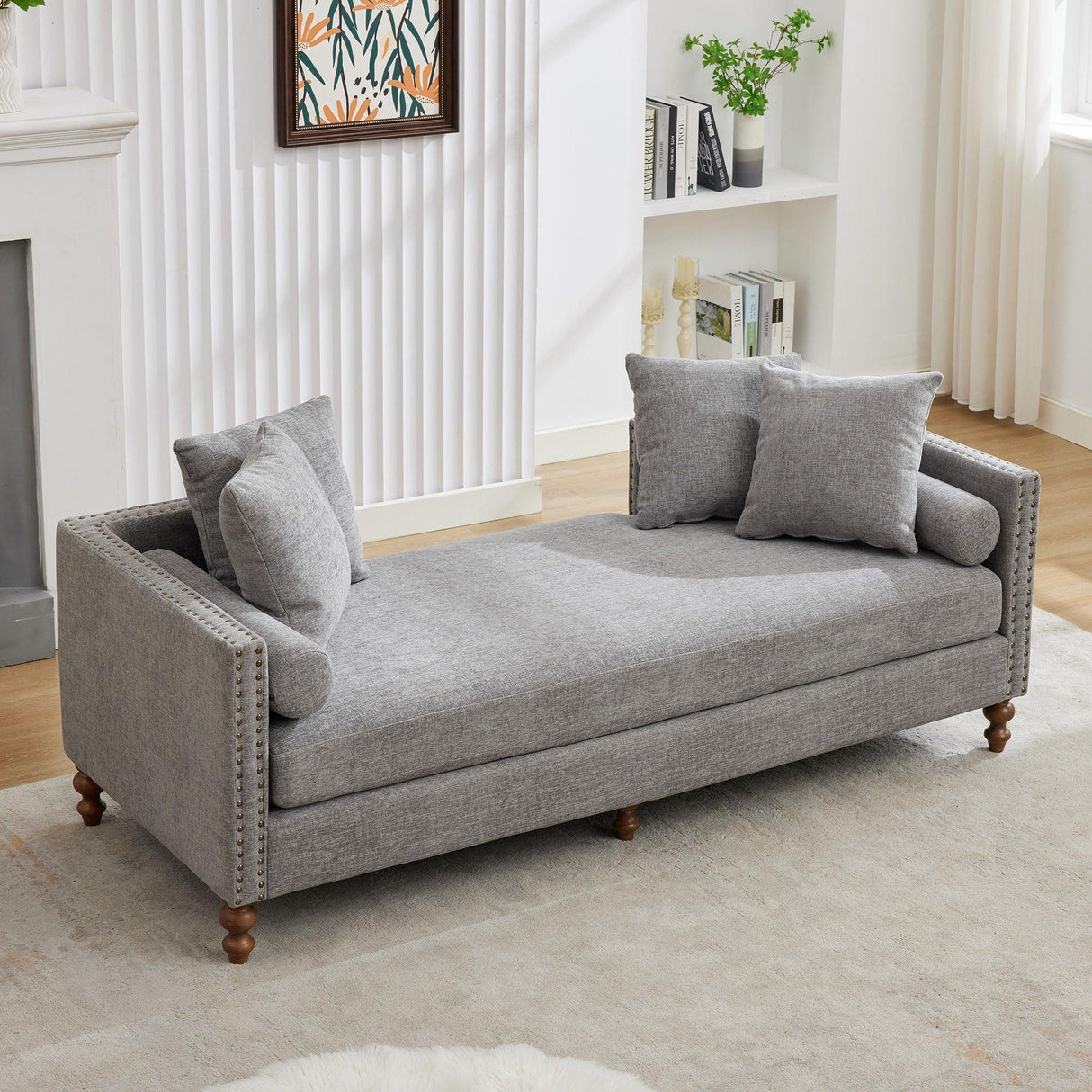Upholstered Chaise Lounge Indoor With Nailheads, Sleeper Sofa Couch With 4 Throw Pillows & 2 Bolsters, Daybed With Rubberwood Legs - Furniture Home Direct