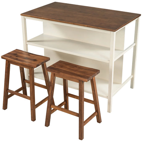 Rustic 3 Piece Stationary Kitchen Island Set With 2 Seatings, With 2 Open Shelves - Furniture Home Direct