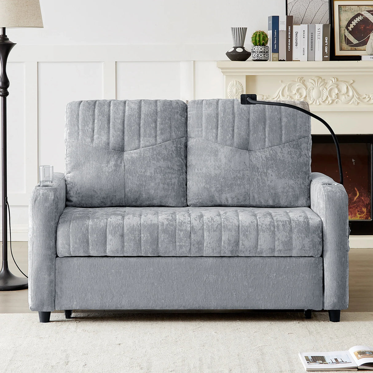 Sleeper Sofa With Adjustable Backrest, Two Cup Holders, Phone Holder, Three Charging Ports And Side Storage Pockets - Gray - Furniture Home Direct