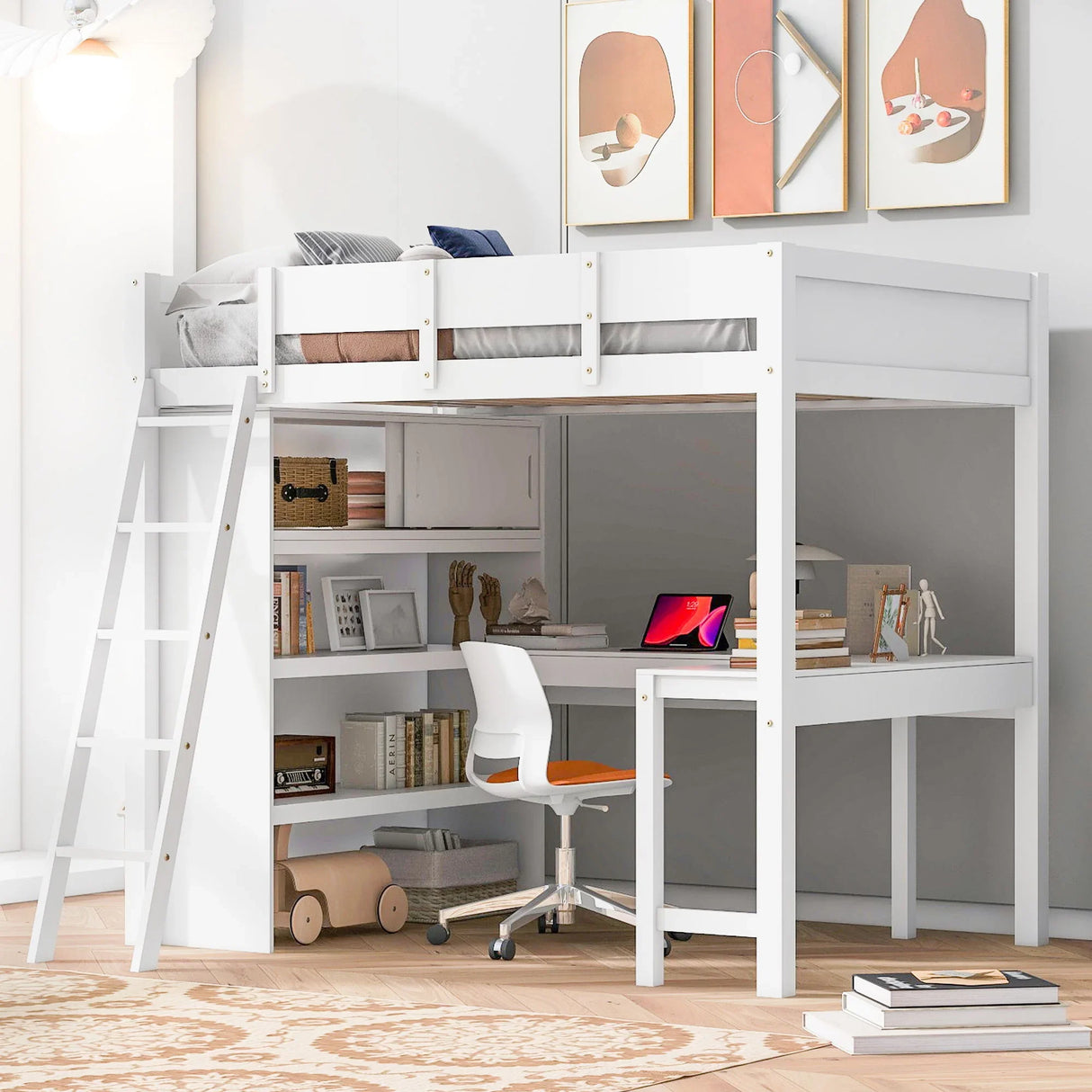 Modern Loft Bed With Desk And Shelves - Furniture Home Direct