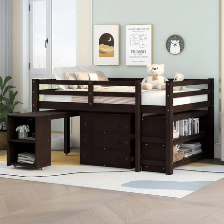 Loft Low Study Bed With Cabinet, Shelves And Rolling Portable Desk, Multiple Functions - Furniture Home Direct