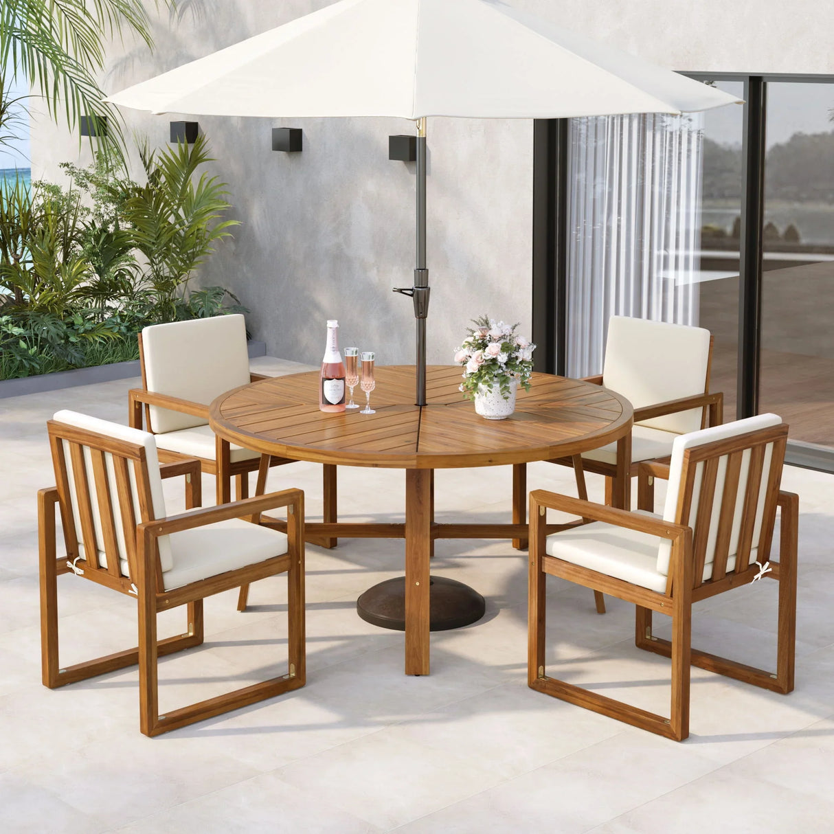 5 Piece Outdoor Patio Dining Set With 4 Armchairs And Table - Beige - Furniture Home Direct