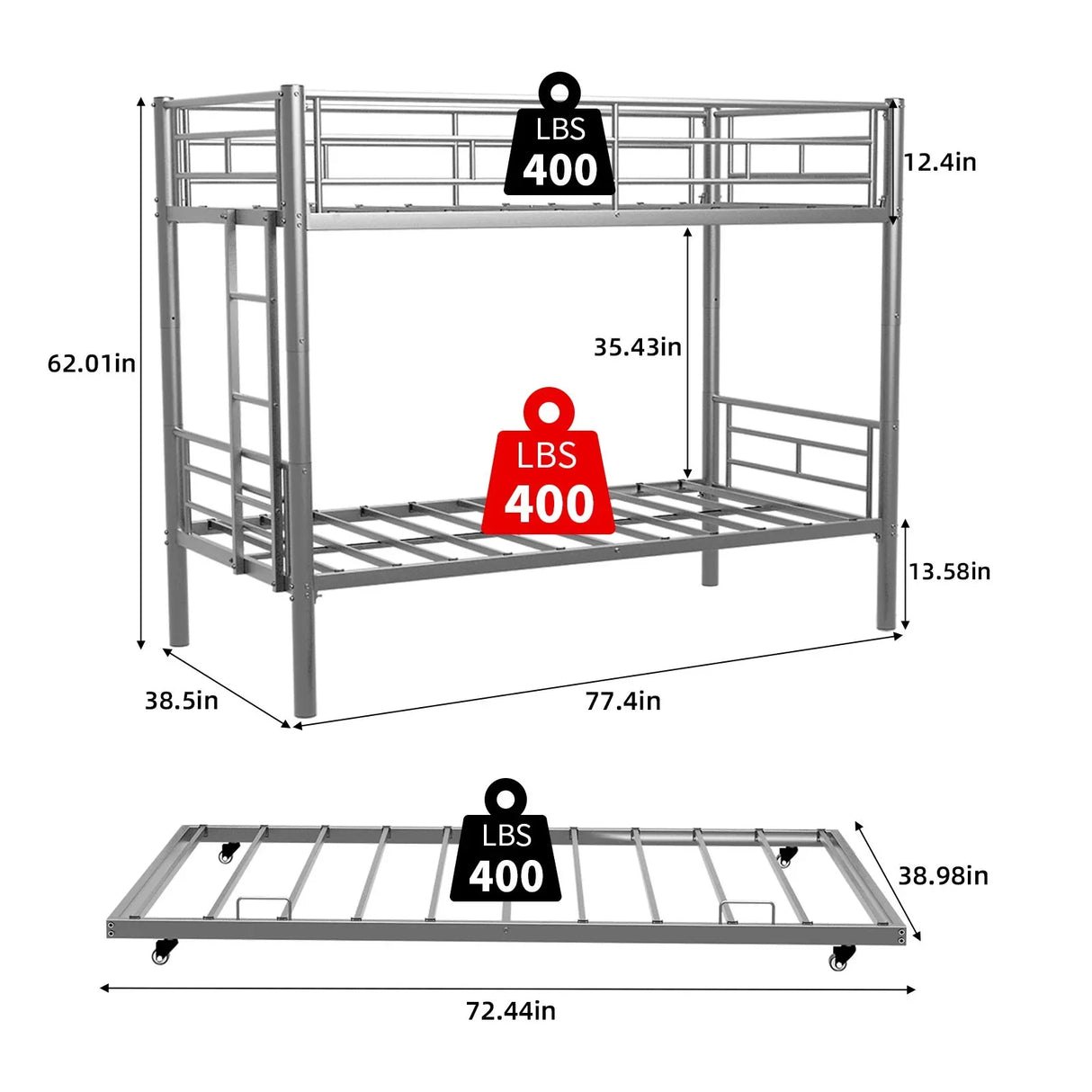 Bunk Bed For Kids, Convertible Frame With Ladders & Guardrail - Furniture Home Direct