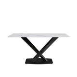63" Modern Artificial Stone Straight Edge Metal X-Leg Dining Table, 6 People - White / Black - Furniture Home Direct