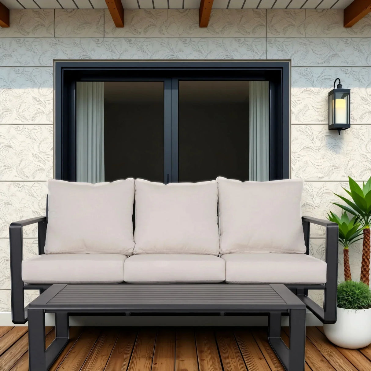 Outdoor Sofa With Rectangular Coffee Table and Cushions - Beige - Furniture Home Direct