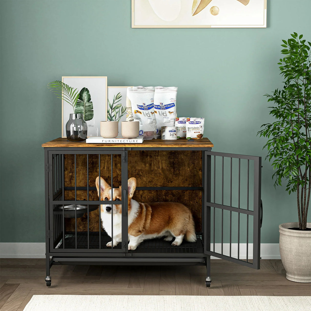 Modern Kennel Dogs Room Up To 60 Lb, Dog Crate Furniture With Multi-Purpose Rremovable Ttray, Double-Door Dog House, Lift Panel, 360 Degree Rotation, 3 Height Adjustable Feeding Bowls - Furniture Home Direct
