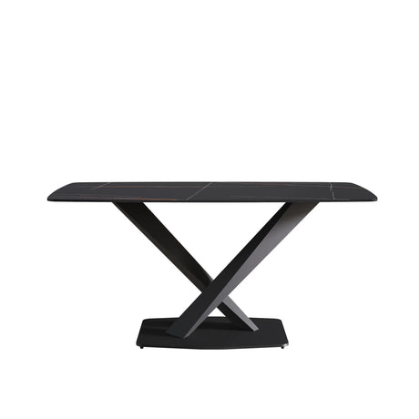 63" Artificial Stone Black Curved Black Metal Leg Dining Table - Black - Furniture Home Direct