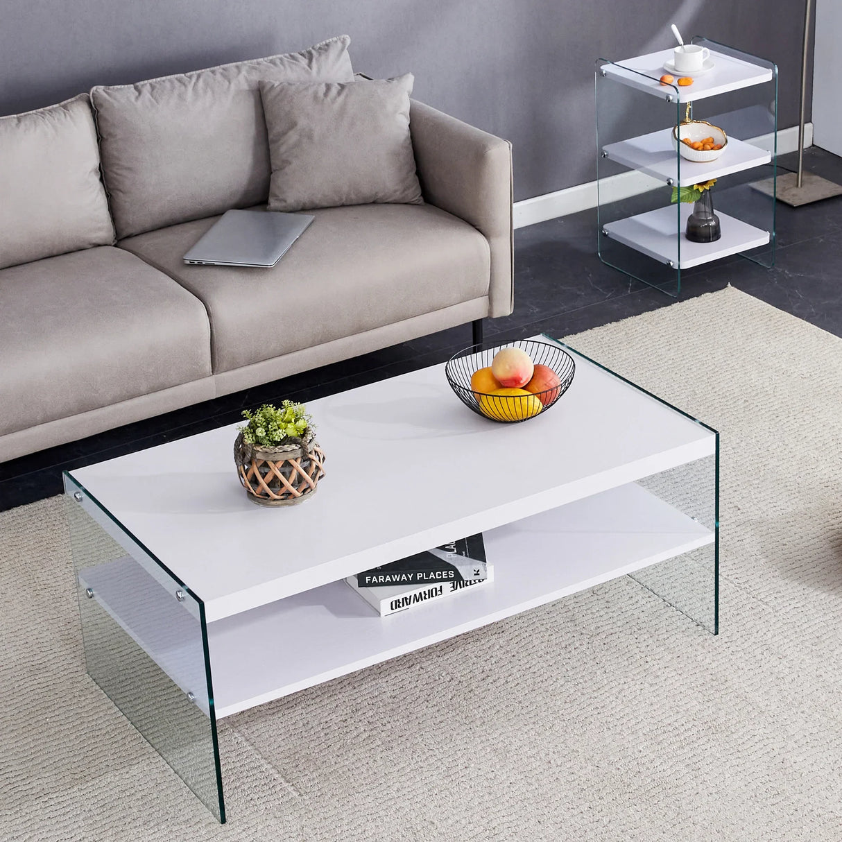 Coffee Table Three Tier MDF Glass Sides Shelves Modern White - Furniture Home Direct