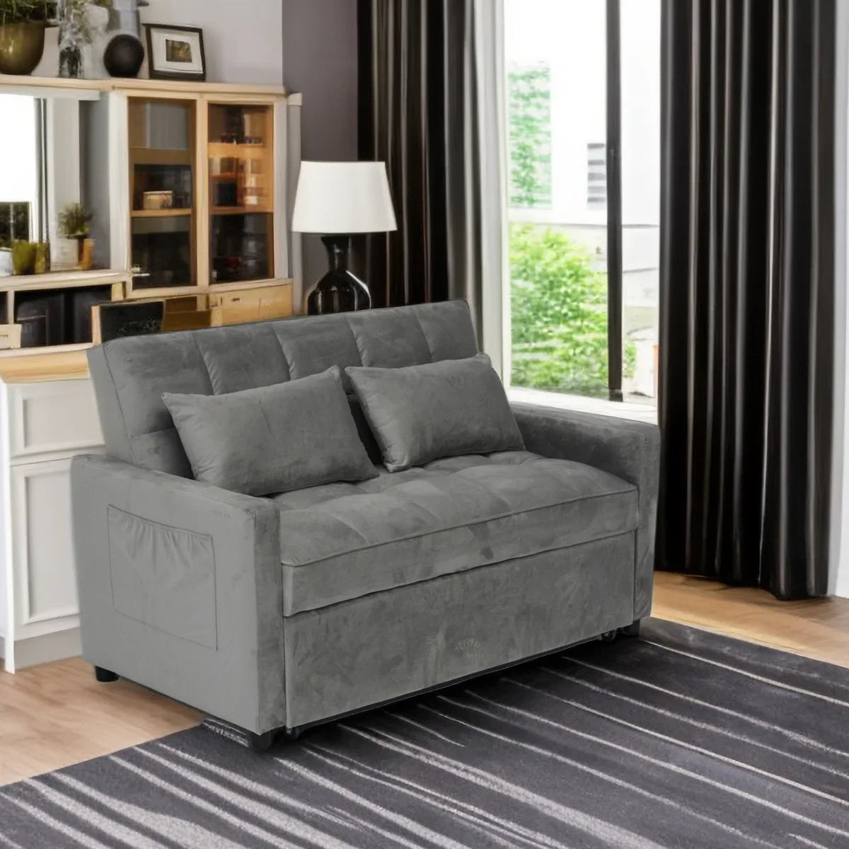 Sleeper Loveseat with Reclining Backrest - Grey - Furniture Home Direct