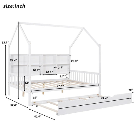 House Bed With Trundle, Kids Bed With Shelf - Furniture Home Direct