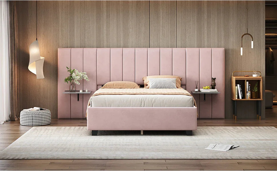 Full Size Upholstered Platform Bed Tall Headboard Pink - Furniture Home Direct