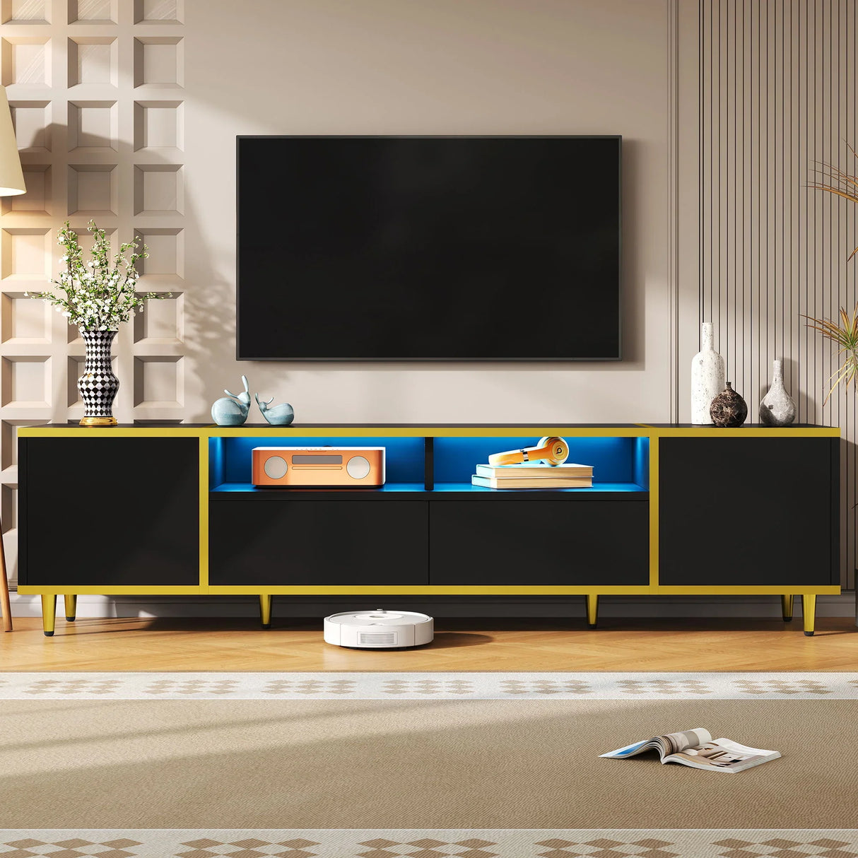 TV Stand For TVs Up To 80", Entertainment Center With 2 Shelves And LED Lights - Furniture Home Direct