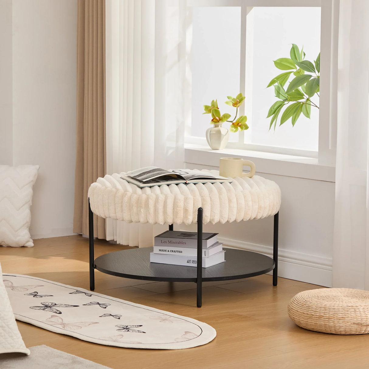 Modern Upholstered Round Ottoman Coffee Table With Storage Shelf - Furniture Home Direct