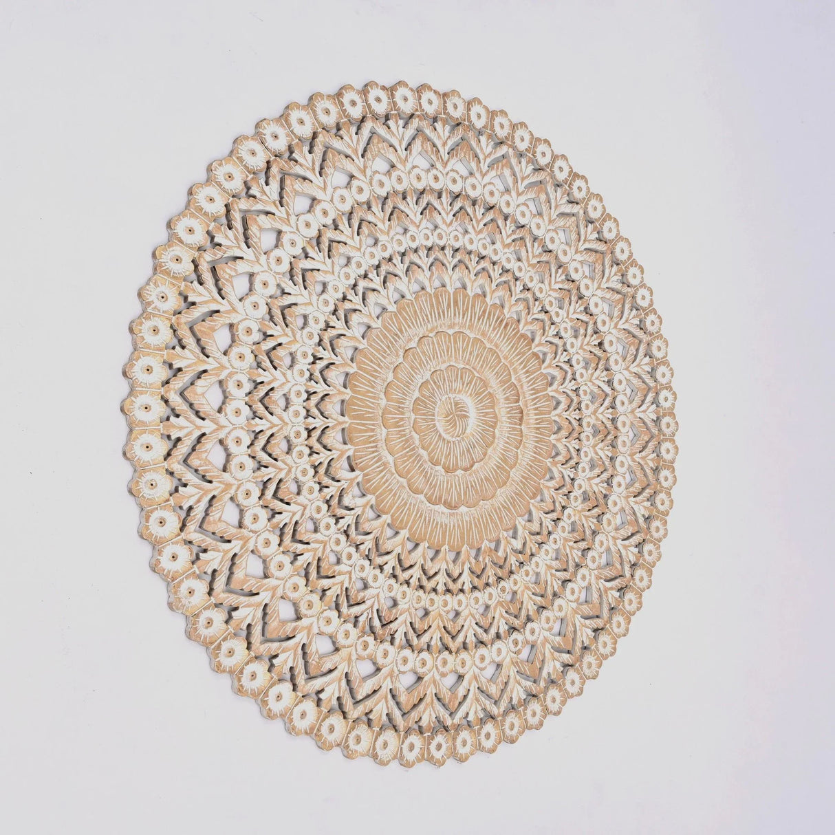 Floral Hand Carved Mandala Round Wall Decor - Brown / Antique White - Furniture Home Direct