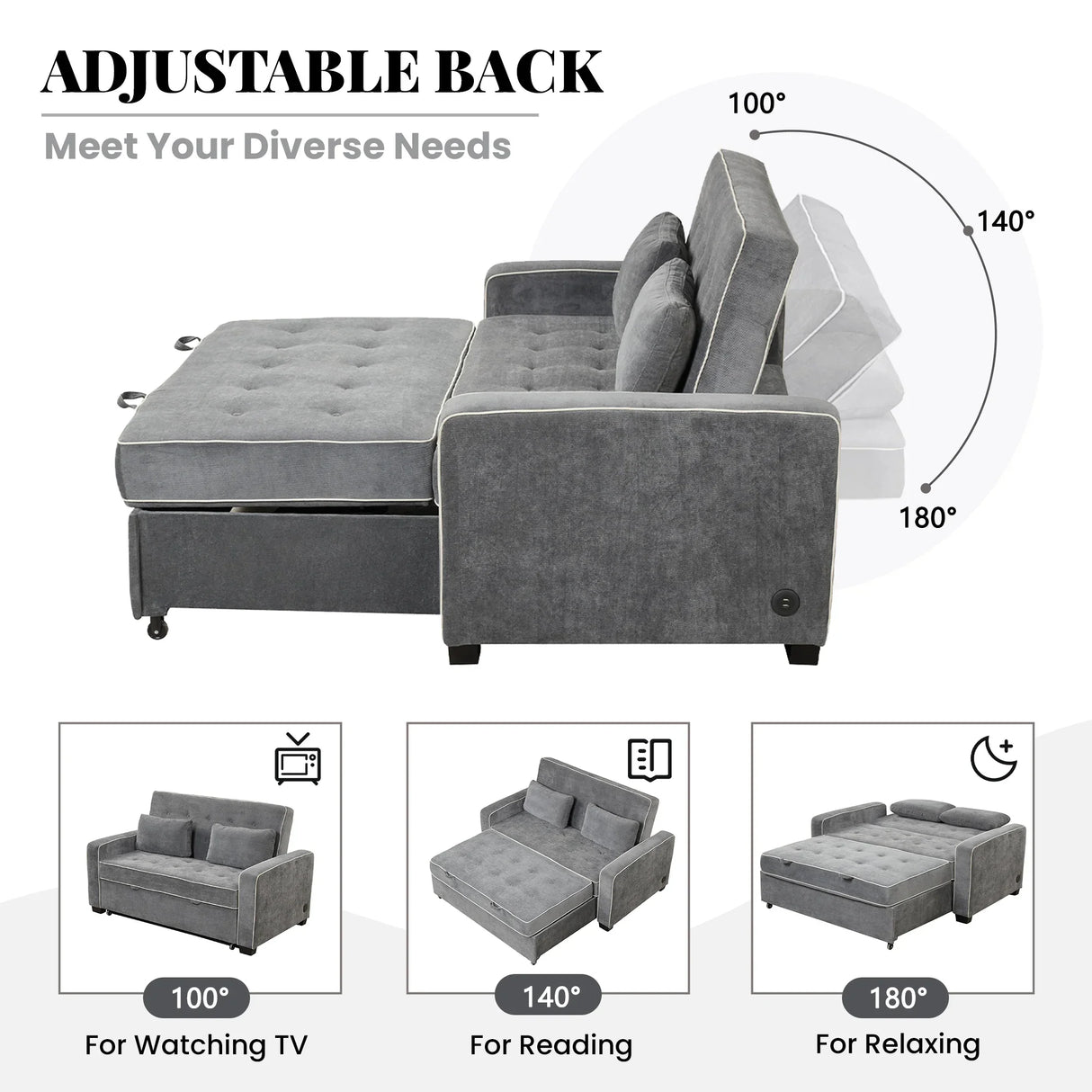 Upholstered Loveseat with Pull Out Sofa, Two Throw Pillows, Dual USB Charging Port And Adjustable Backrest - Gray - Furniture Home Direct