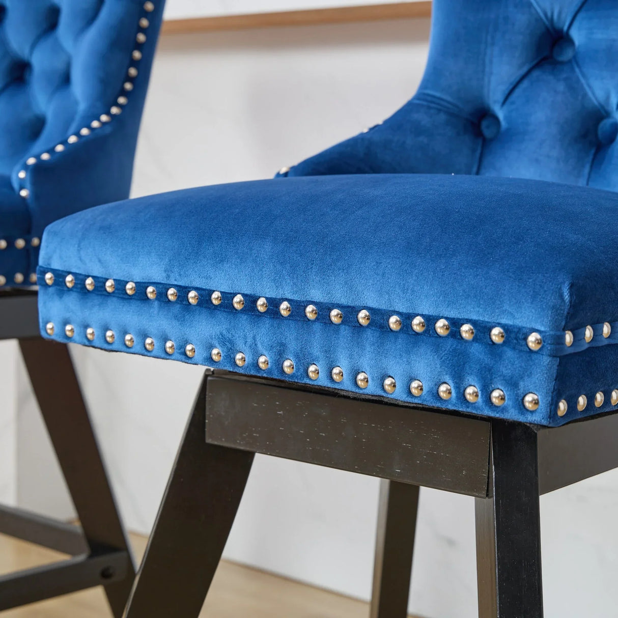 Bar Stools Swivel Velvet Tufted Nailhead Trim Set of 2 Blue - Furniture Home Direct
