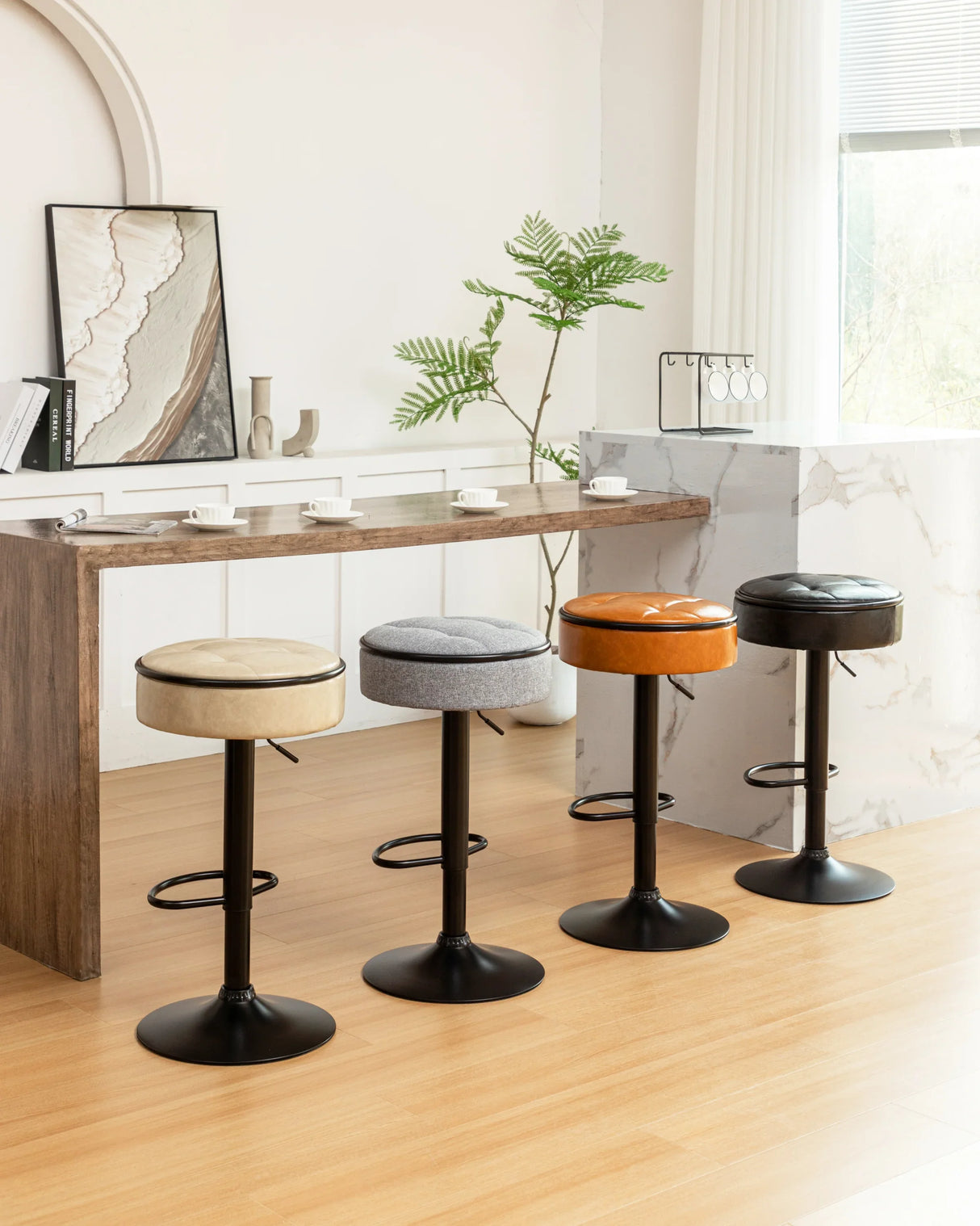 Bar Stool Round Tufted PU Leather Adjustable Height Brown - Furniture Home Direct