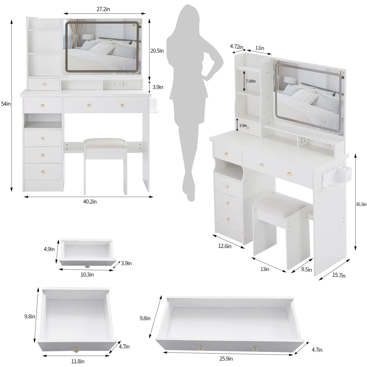 Vanity Desk With Cushioned Stool Mirror Makeup White - Furniture Home Direct