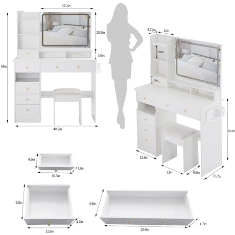Vanity Desk With Cushioned Stool Mirror Makeup White - Furniture Home Direct