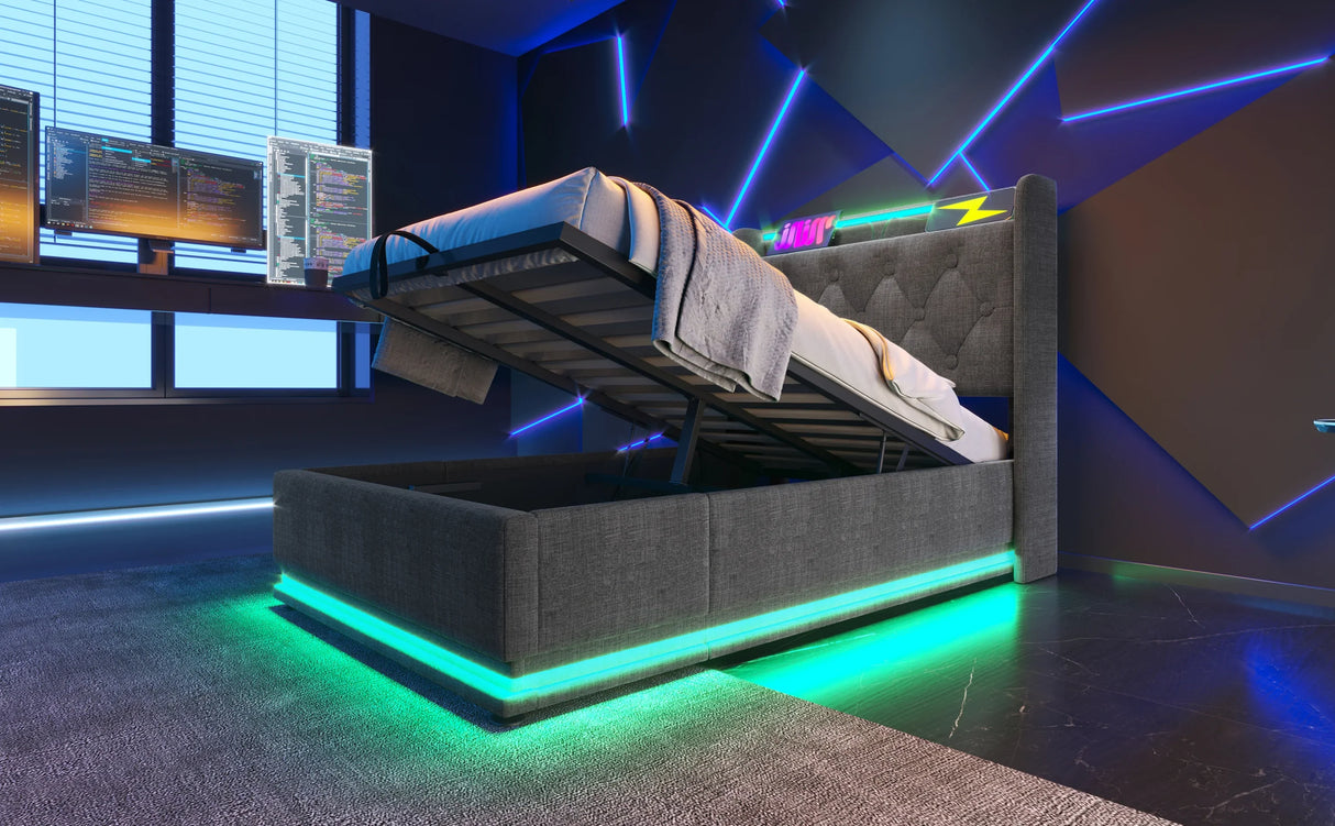 Twin Upholstered Bed 360 Surround LED Lighting USB C Gray - Furniture Home Direct