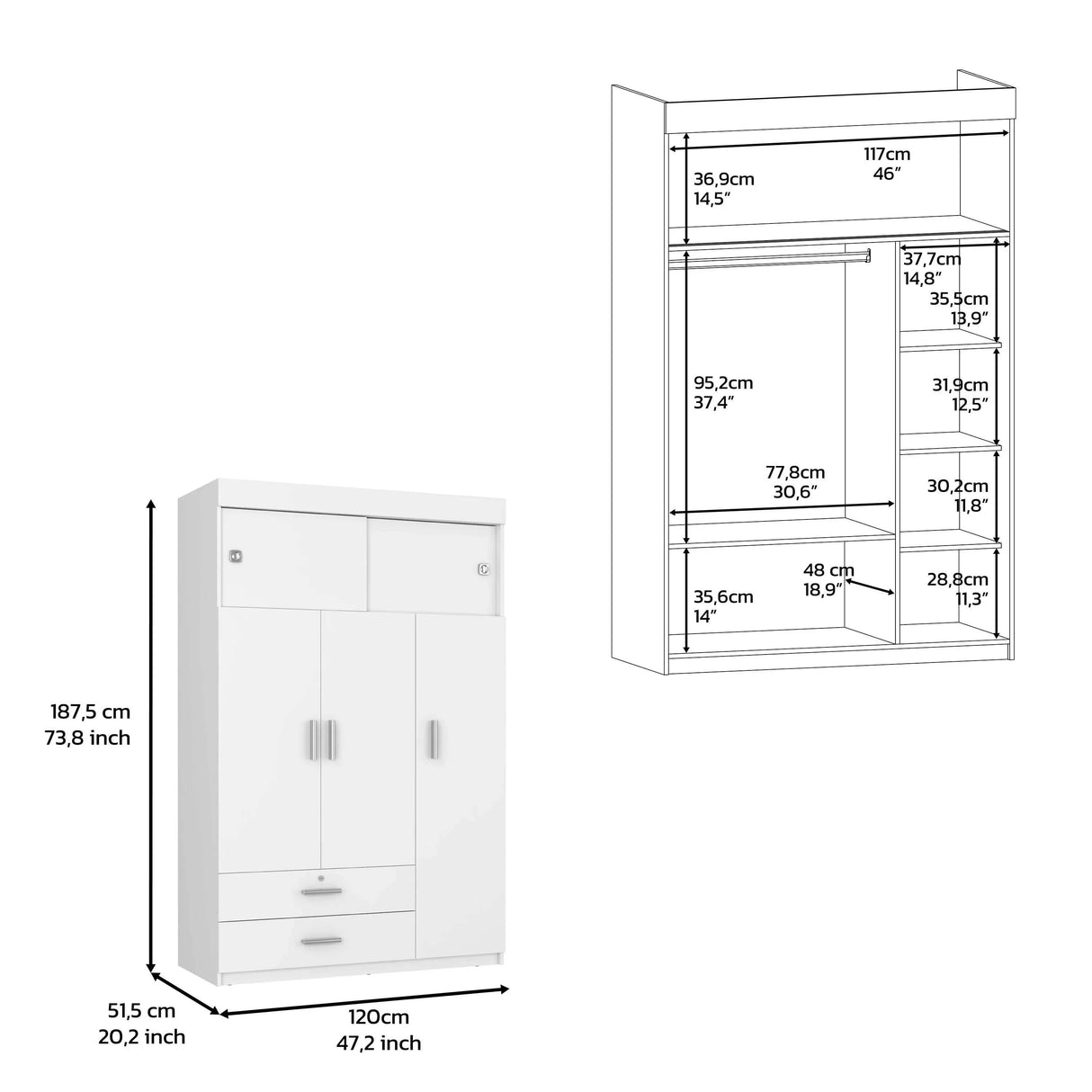 Armoire With Upper Cabinets And Dresser Two Piece Set White - Furniture Home Direct