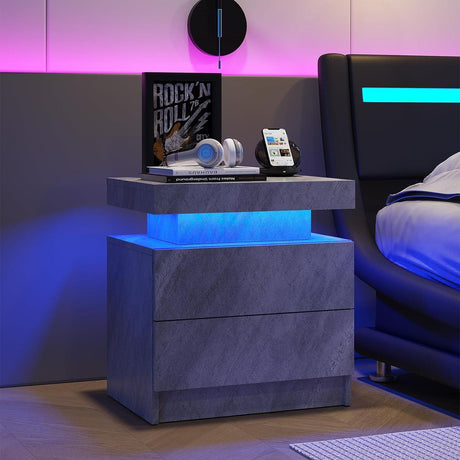 Nightstand LED, Bedside Table Cabinet With 2 Drawers For Bedroom - Furniture Home Direct