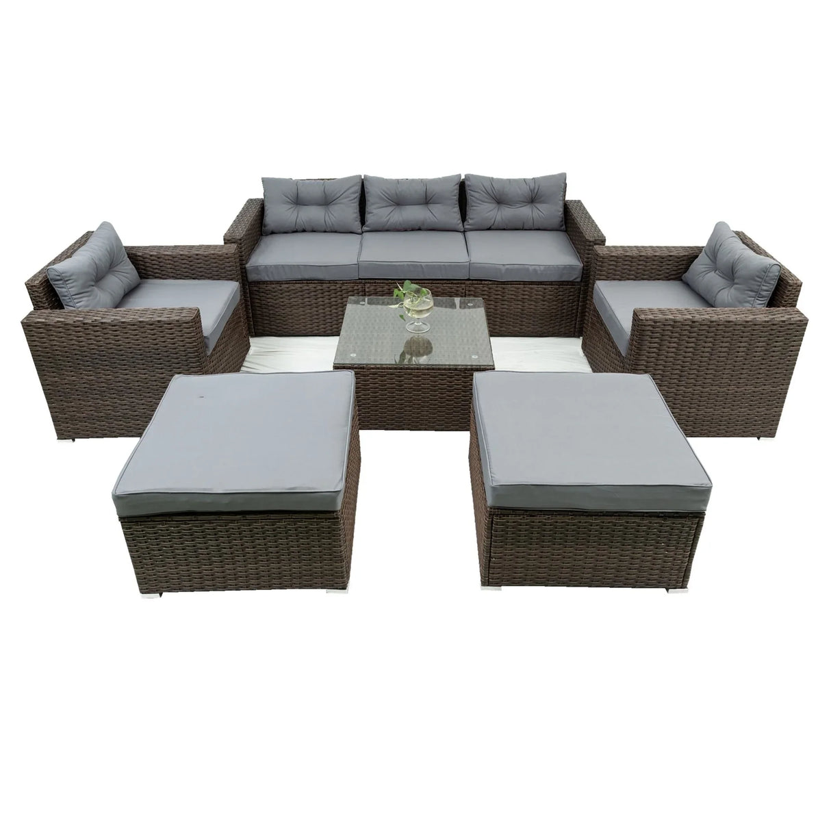 6 Piece Patio Rattan Wicker Outdoor Furniture Conversation Sofa Set With Removeable Cushions And Temper Glass Tabletop - Brown - Furniture Home Direct