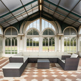 11 Piece Patio Wicker Conversation Set, 10 Seater Patio Sectional Set With 3 Storage Box Under Seat - Brown / White - Furniture Home Direct