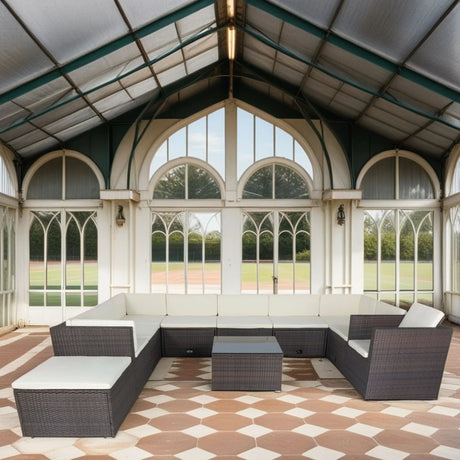 11 Piece Patio Wicker Conversation Set, 10 Seater Patio Sectional Set With 3 Storage Box Under Seat - Brown / White - Furniture Home Direct