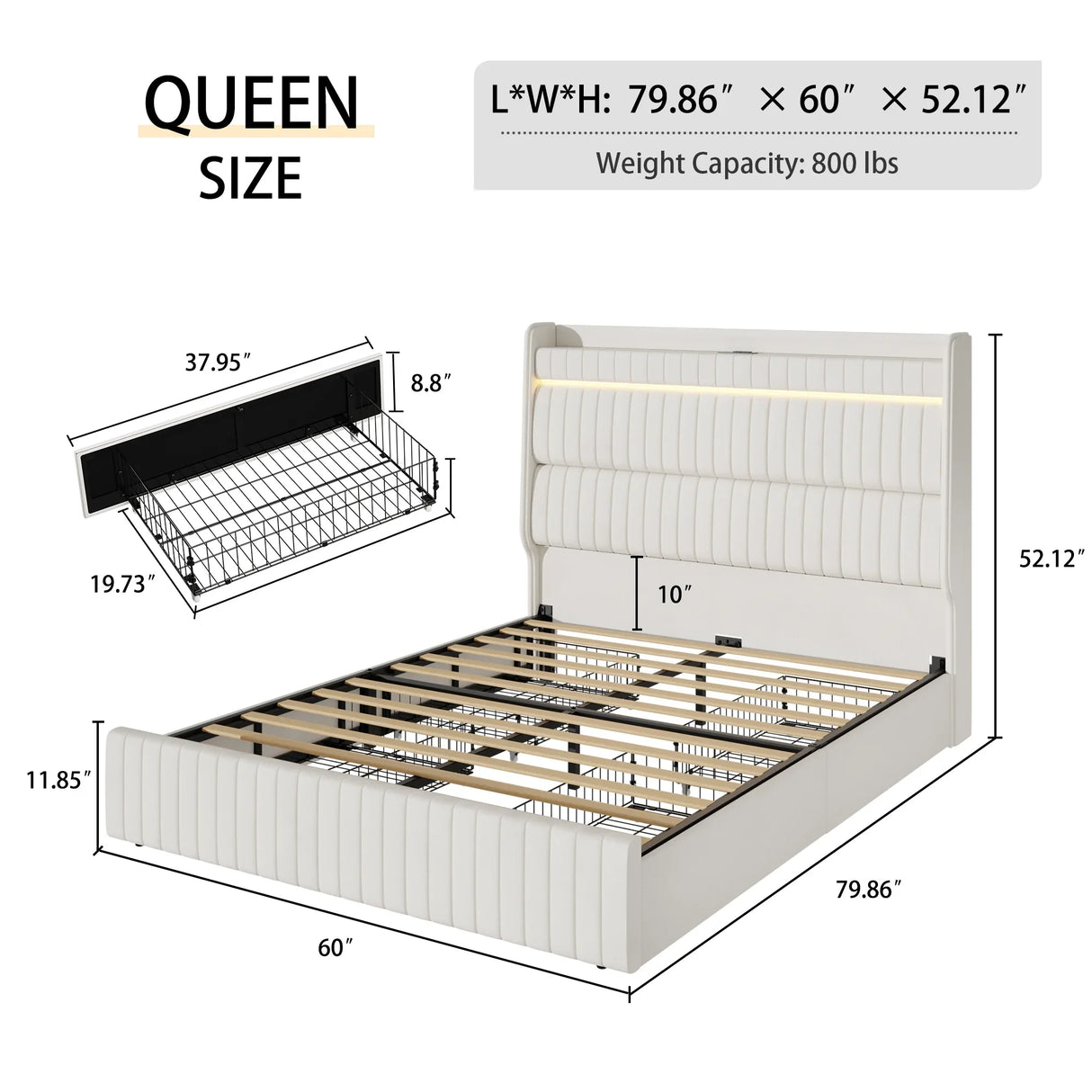 Queen Bed Upholstered With LED Lighting Headboard Beige - Furniture Home Direct