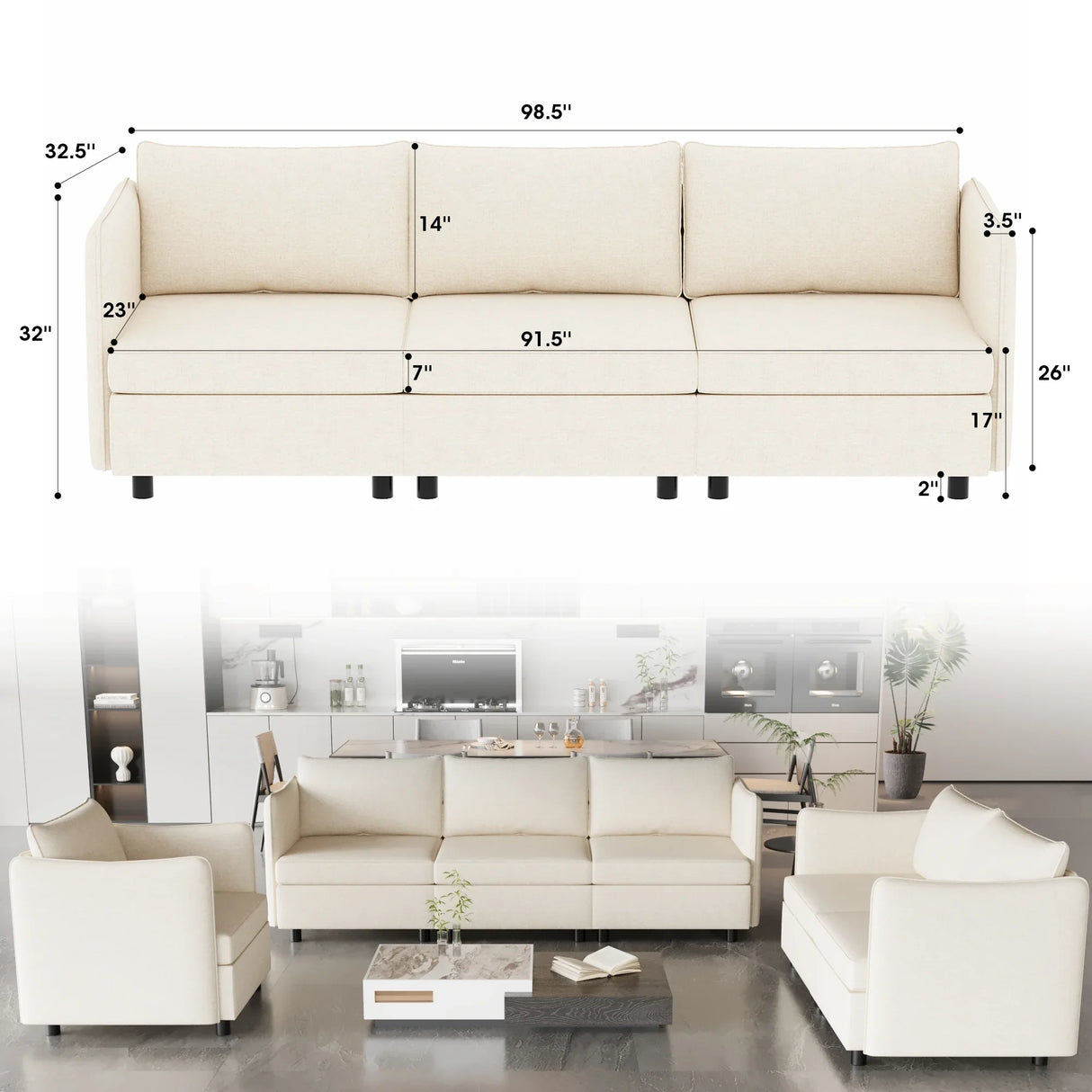 3 Piece Modular Living Room Set with Different Configurations, Off White - Furniture Home Direct