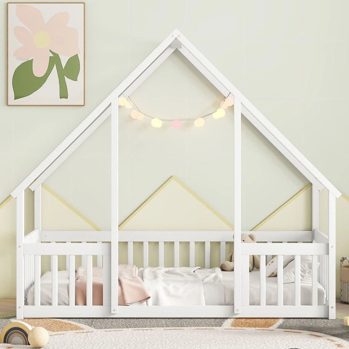Wood House-Shaped Floor Bed With Fence, Guardrails - Furniture Home Direct