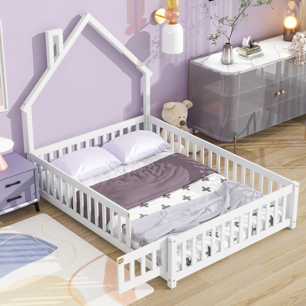 House-Shaped Headboard Floor Bed With Fence - Furniture Home Direct