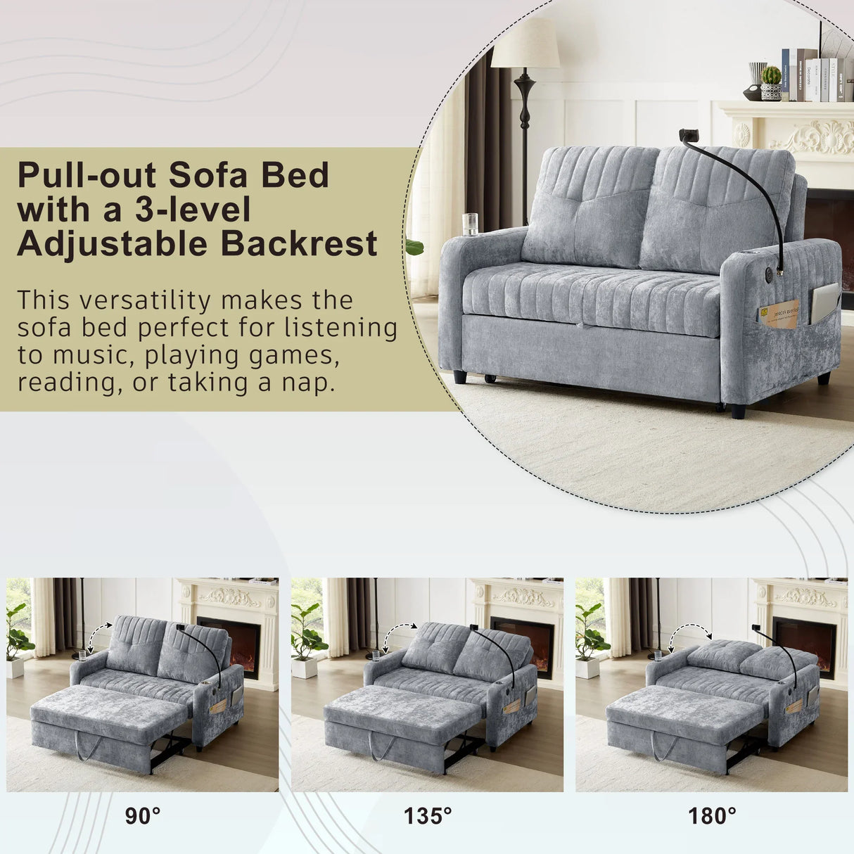 Sleeper Sofa With Adjustable Backrest, Two Cup Holders, Phone Holder, Three Charging Ports And Side Storage Pockets - Gray - Furniture Home Direct