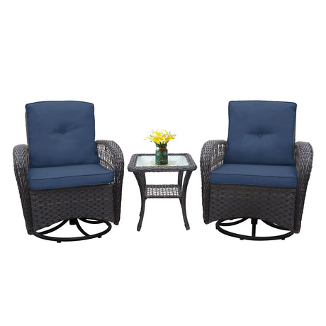 3 Pieces Conversation Set, Outdoor Wicker Rocker Swivel Patio Bistro Set, Rocking Chair With Glass Top Side Table - Furniture Home Direct