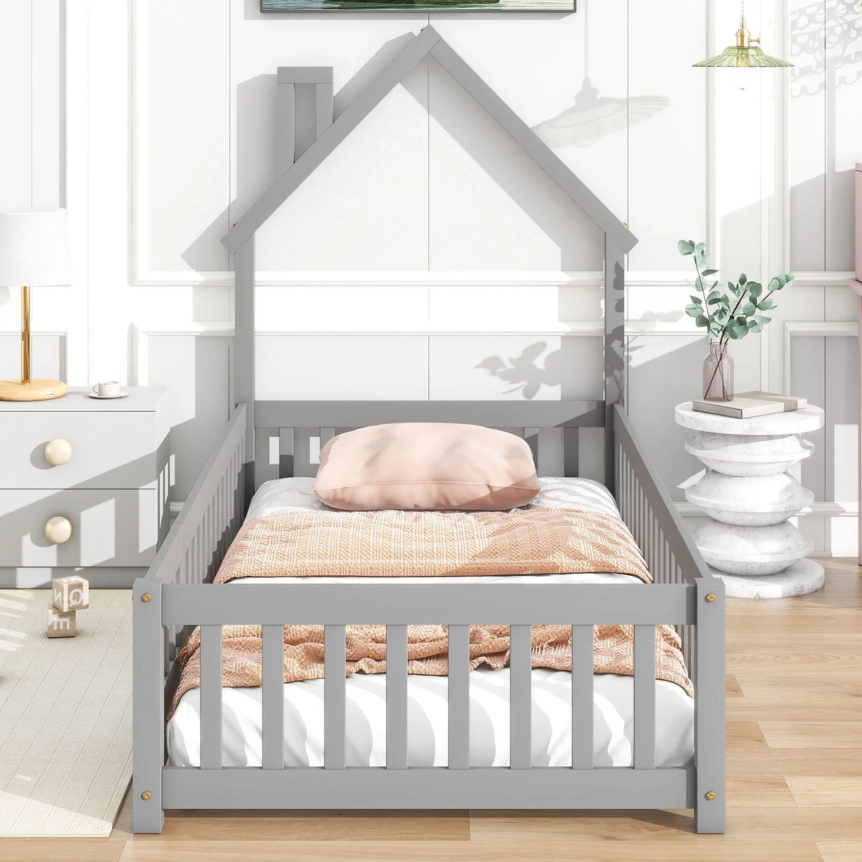 House-Shaped Headboard Floor Bed With Fence - Furniture Home Direct