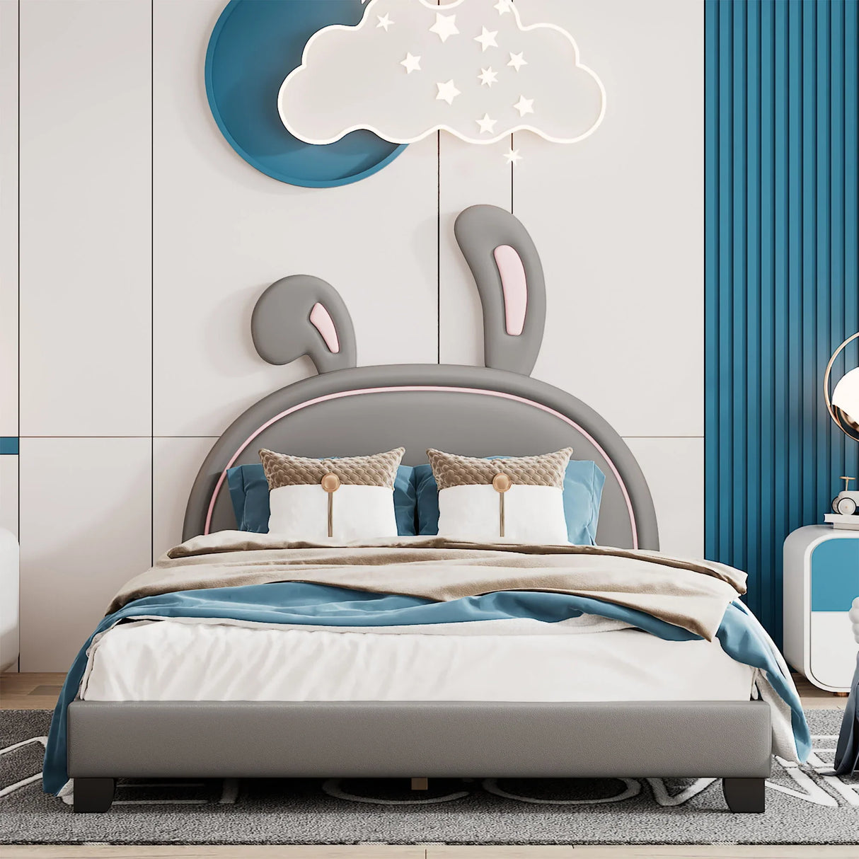 Upholstered Leather Platform Bed With Rabbit Ornament - Furniture Home Direct