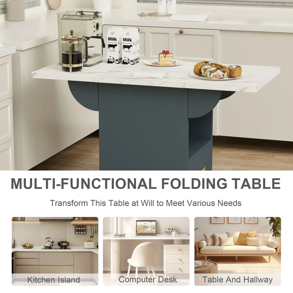 Versatile Wood Folding Dining Table With Wheels, Storage Rack & Drawer, Space Saving Design - White - Furniture Home Direct