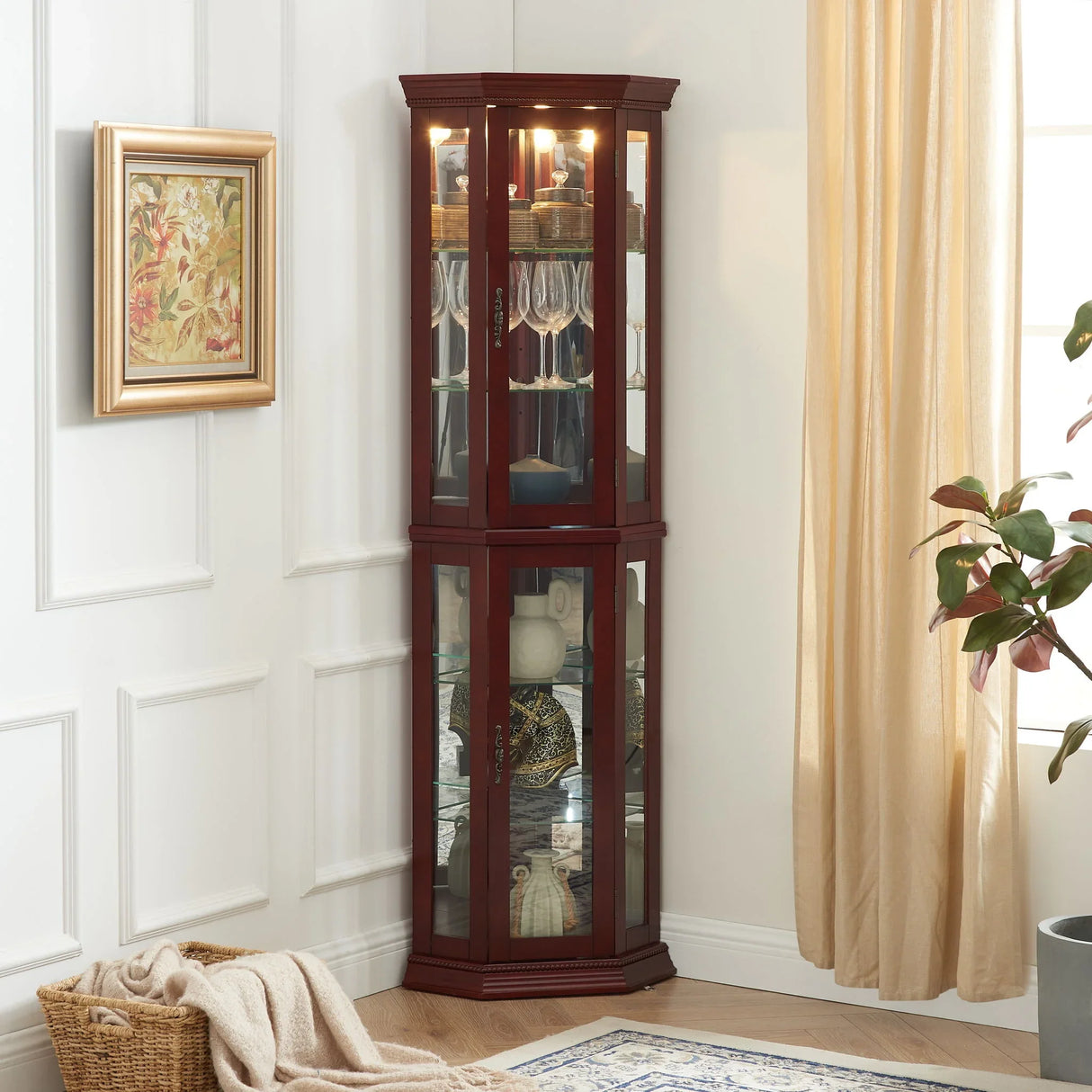 Corner Curio Cabinet With Lights, Adjustable Tempered Glass Shelves, Mirrored Back, Display Cabinet (E26 Light Bulb Not Included) - Furniture Home Direct