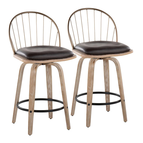 Riley - Farmhouse Fixed Height Counter Stool Round Footrest With Removable Cushion (Set of 2) - White Washed / Antique Copper / Brown - Furniture Home Direct