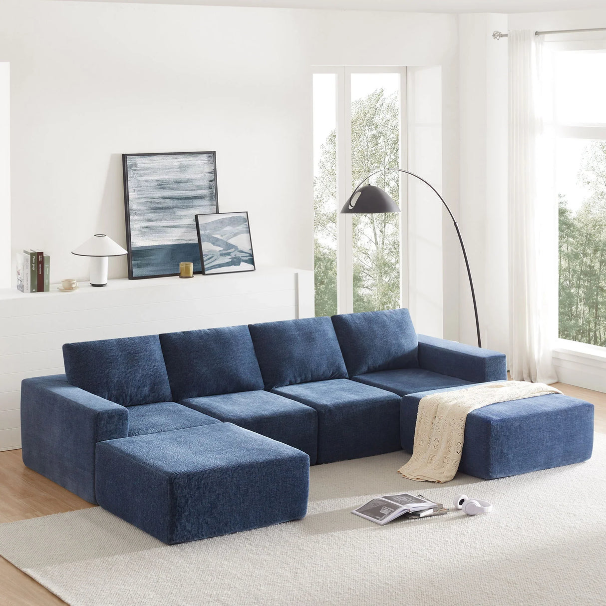 Modular U Shaped Sectional With Ottomans, Luxury Cloud Floor Couch With Deep Seat Fully Compressed Upholstered Sofa - Furniture Home Direct