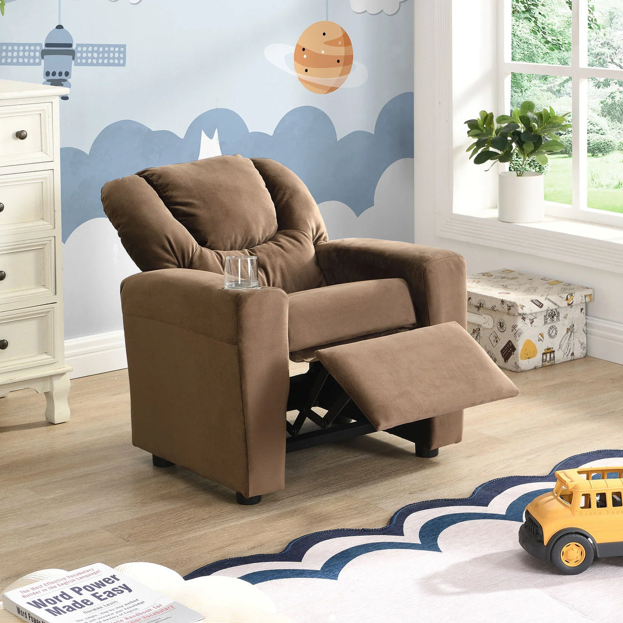 Kids Recliner Chair, Kids Upholstered Couch With One Cup Holder, Toddlers Recliner With Headrest And Footrest - Brown - Furniture Home Direct