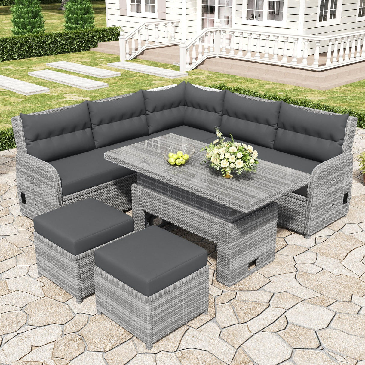 6 Piece Patio Set With An Adjustable Table, Recliners With Extendable Side Tables, And 2 Ottomans - Gray - Furniture Home Direct